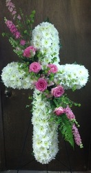 Feminine pink and white cross from Lewis Florist in Grayslake, IL 