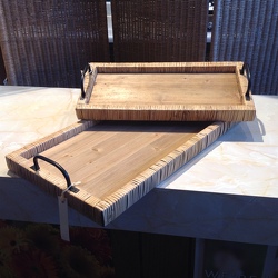 Bamboo trimmed wood trays with metal handles from Lewis Florist in Grayslake, IL 