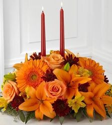 Orange Crush oblong centerpiece from Lewis Florist in Grayslake, IL 