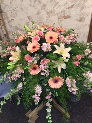 Pink and Peach Half Couch Casket Spray from Lewis Florist in Grayslake, IL 